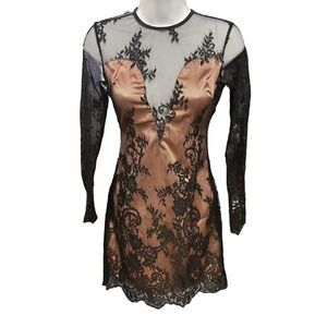 Roma Long Sleeve Mini Dress Black Lace Nude Illusion Bodycon Party Cocktail‎